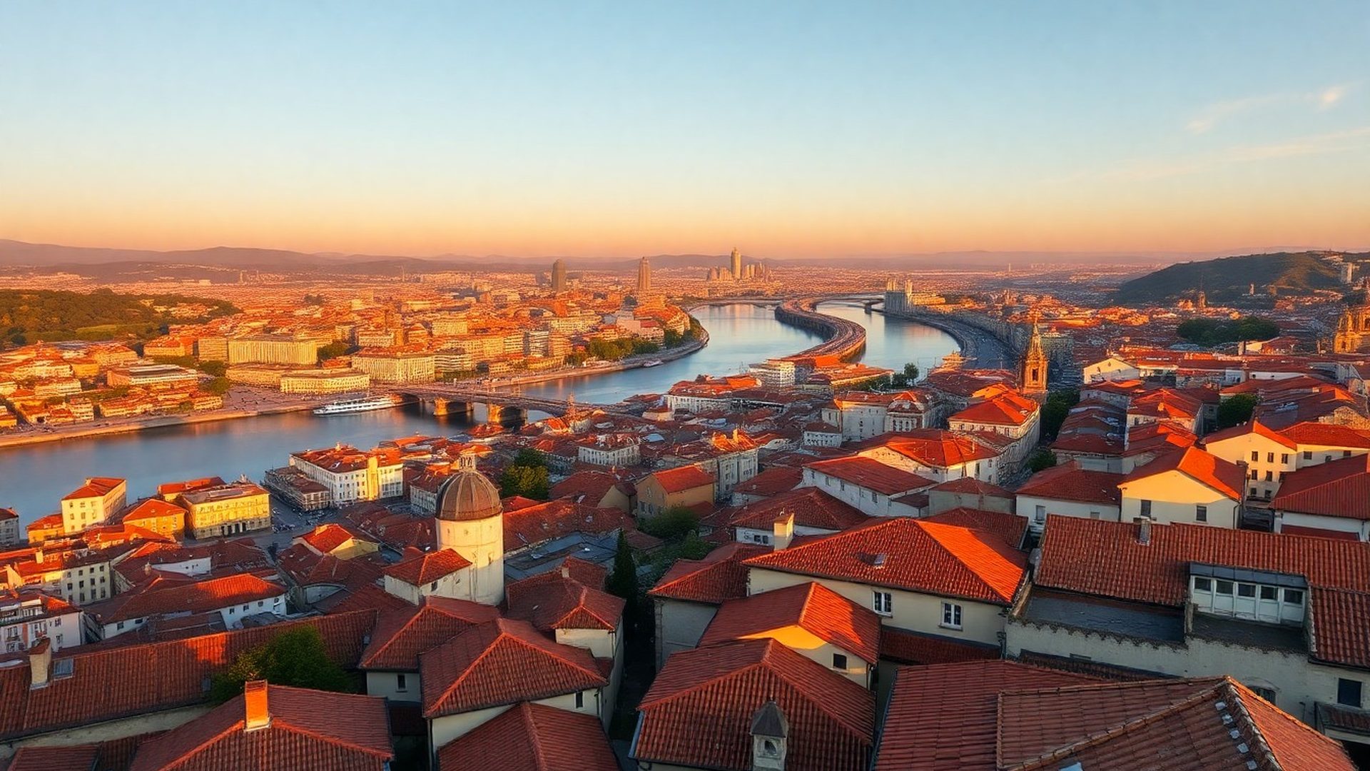 Aerial view of Bilbao at golden hour from Mirador de Artxanda