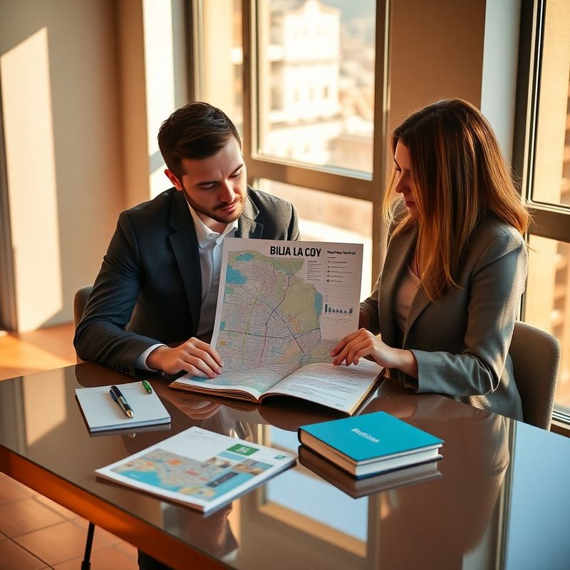 Two professionals reviewing a Bilbao city map and property yield spreadsheet