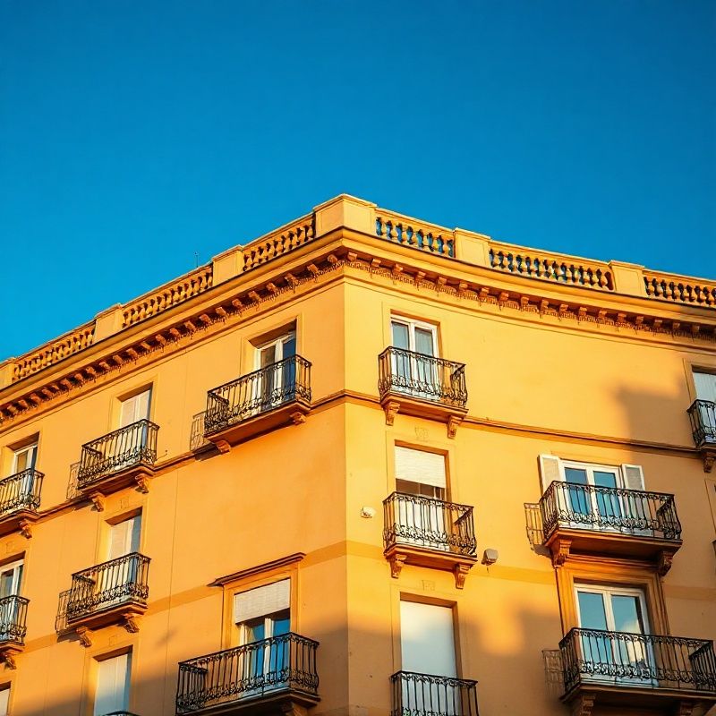Ochre-toned Bilbao rental facade in Deusto with wrought-iron balconies