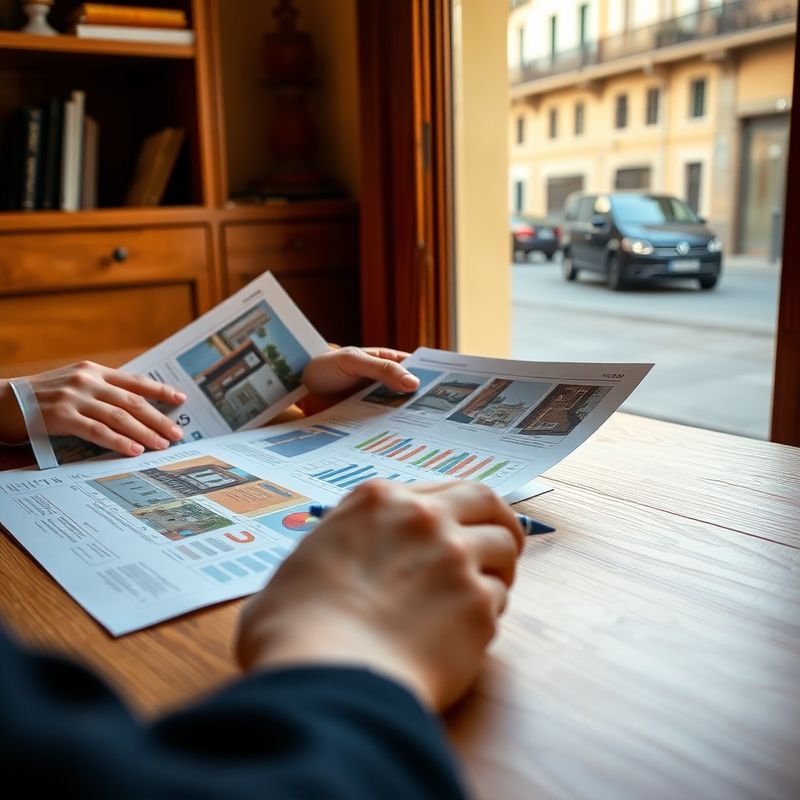 Real estate agent reviewing printed property data sheets on a warm oak desk